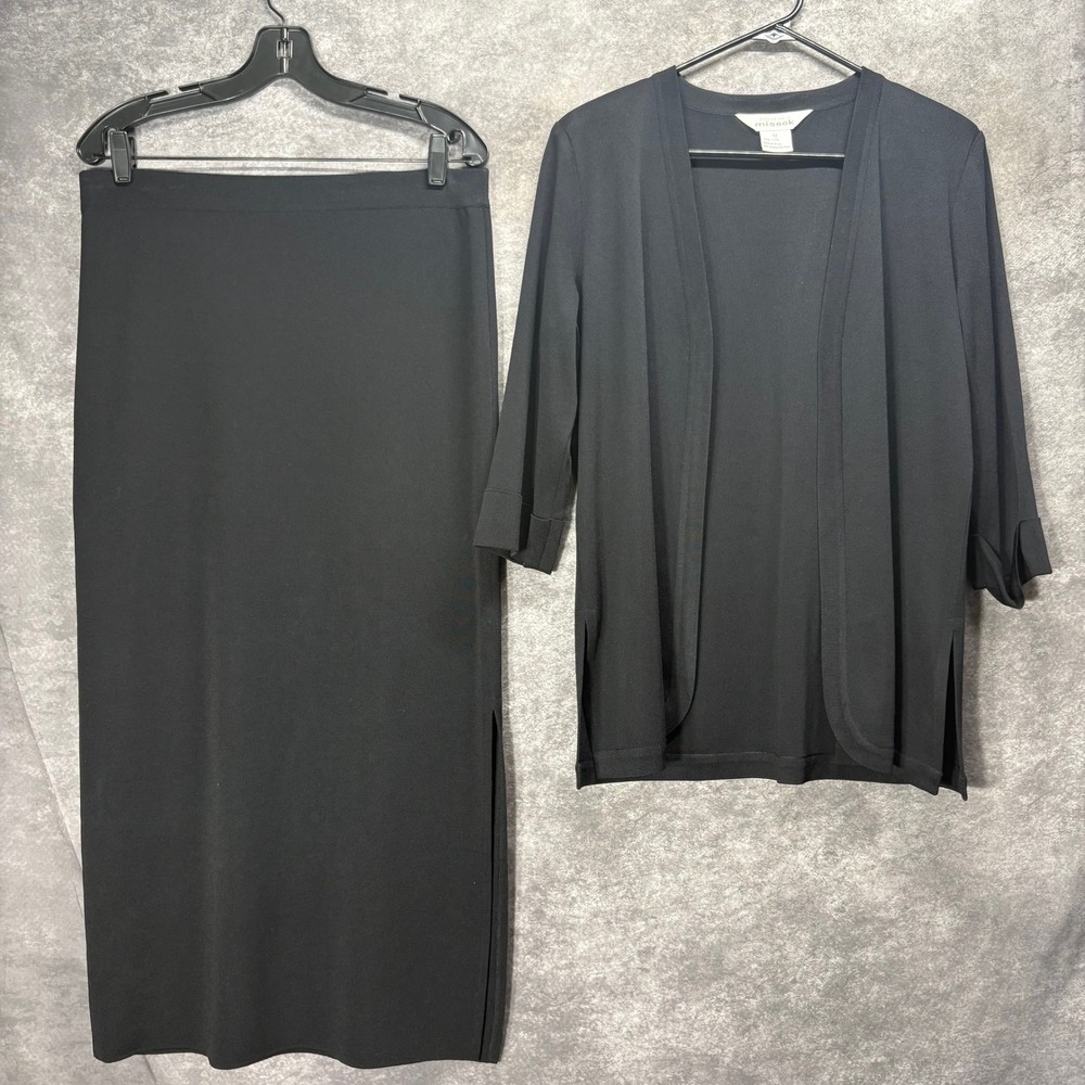 Exclusively Misook Black Knit 2 Piece Cardigan Maxi Skirt Set Women's M Acrylic